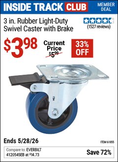 Harbor Freight Coupon 3 IN. RUBBER LIGHT-DUTY SWIVEL CASTER WITH BRAKE Lot No. 61855 Valid: 12/31/69 - 5/28/26 - $3.98