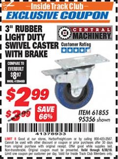 Harbor Freight ITC Coupon 3" RUBBER LIGHT DUTY SWIVEL CASTER WITH BRAKE Lot No. 61855/95356 Expired: 6/30/18 - $2.99