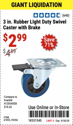 Harbor Freight Coupon 3" RUBBER LIGHT DUTY SWIVEL CASTER WITH BRAKE Lot No. 61855/95356 Expired: 9/30/20 - $2.99