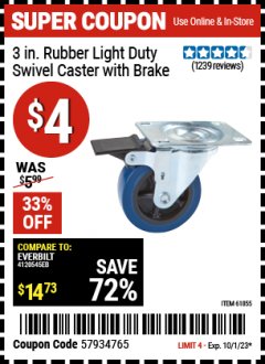 Harbor Freight Coupon 3" RUBBER LIGHT DUTY SWIVEL CASTER WITH BRAKE Lot No. 61855/95356 Expired: 10/1/23 - $4