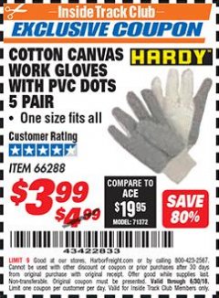 Harbor Freight ITC Coupon COTTON CANVAS WORK GLOVES WITH PVC FDOTS 5 PAIR Lot No. 66288 Expired: 6/30/18 - $3.99