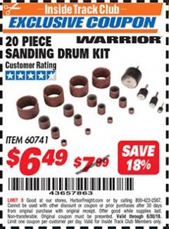 Harbor Freight ITC Coupon WARRIOR 20 PIECE SANDING DRUM KIT Lot No. 60741 Expired: 6/30/18 - $6.49