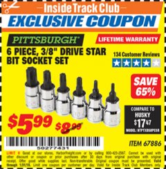 Harbor Freight ITC Coupon PISTTSBURGH 6 PIECE, 3/8 " DRIVE STAR BIT SOCKET SET Lot No. 67886 Expired: 1/31/19 - $5.99