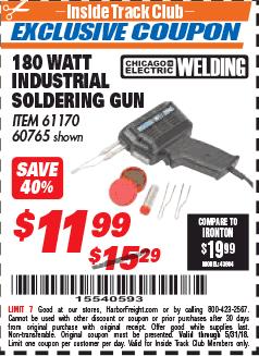 Harbor Freight ITC Coupon 180 WATT INDUSTRIAL SOLDERING GUN Lot No. 60765/4328/61170 Expired: 5/31/18 - $11.99
