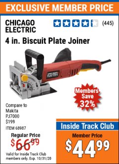 Harbor Freight ITC Coupon CHICAGO ELECTRIC POWER TOOLS 4 IN. BISCUIT PLATE JOINER Lot No. 68987 Expired: 10/31/20 - $44.99