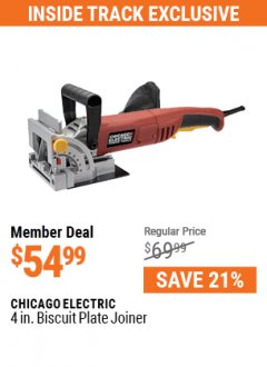 Harbor Freight ITC Coupon CHICAGO ELECTRIC POWER TOOLS 4 IN. BISCUIT PLATE JOINER Lot No. 68987 Expired: 5/31/21 - $54.99