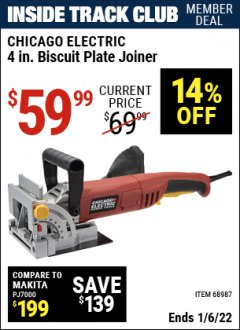 Harbor Freight ITC Coupon 4" BISCUIT PLATE JOINER Lot No. 38437/68987 Expired: 1/6/22 - $59.99