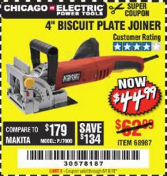 Harbor Freight Coupon CHICAGO ELECTRIC POWER TOOLS 4 IN. BISCUIT PLATE JOINER Lot No. 68987 Expired: 6/19/19 - $44.99