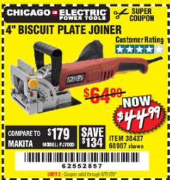 Harbor Freight Coupon CHICAGO ELECTRIC POWER TOOLS 4 IN. BISCUIT PLATE JOINER Lot No. 68987 Expired: 6/21/20 - $44.99