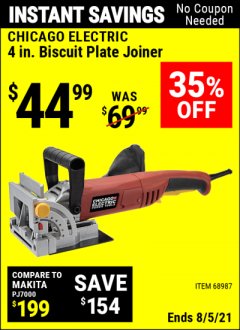 Harbor Freight Coupon 4" BISCUIT PLATE JOINER Lot No. 38437/68987 Expired: 8/5/21 - $44.99