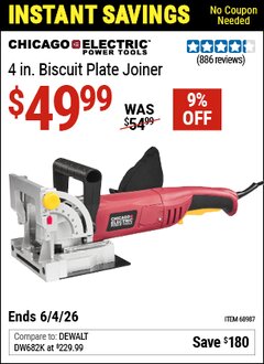Harbor Freight Coupon CHICAGO ELECTRIC POWER TOOLS 4 IN. BISCUIT PLATE JOINER Lot No. 68987 Valid Thru: 6/4/26 - $49.99