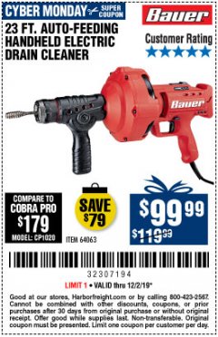 Harbor Freight Coupon BAUER 23 FT AUTO FEED HANDHELD ELECTRIC DRAIN CLEANER Lot No. 64063 Expired: 12/1/19 - $99.99