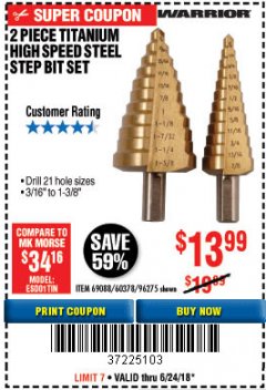 Harbor Freight Coupon 2 PIECE TITANIUM NITRIDE COATED HIGH SPEED STEEL STEP DRILL BITS Lot No. 96275/69088/60378 Expired: 6/24/18 - $13.99