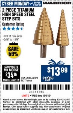 Harbor Freight Coupon 2 PIECE TITANIUM NITRIDE COATED HIGH SPEED STEEL STEP DRILL BITS Lot No. 96275/69088/60378 Expired: 12/2/19 - $13.99