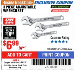 Harbor Freight ITC Coupon 3 PIECE ADJUSTABLE WRENCH SET Lot No. 63716/60691/69543/47099 Expired: 3/24/20 - $6.99