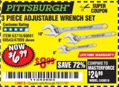 Harbor Freight Coupon PITTSBURGH ADJUSTABLE WRENCH SET, 3-PIECE Lot No. 47099 Expired: 10/17/18 - $6.99