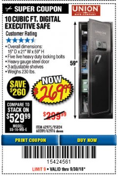 Harbor Freight Coupon 10 CUBIC FT. DIGITAL EXECUTIVE SAFE Lot No. 62975/95824/62976 Expired: 9/30/18 - $269.99
