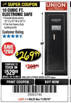 Harbor Freight Coupon 10 CUBIC FT. DIGITAL EXECUTIVE SAFE Lot No. 62975/95824/62976 Expired: 11/30/18 - $269.99