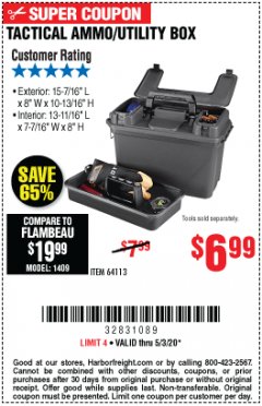 Harbor Freight Coupon TACTICAL AMMO BOX W/TRAY Lot No. 64113 Expired: 6/30/20 - $6.99