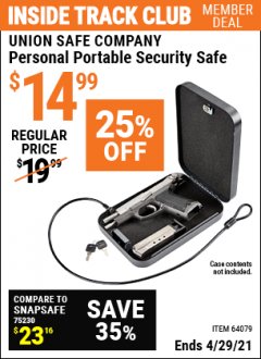Harbor Freight ITC Coupon PERSONAL PORTABLE SECURITY SAFE Lot No. 64079 Expired: 4/29/21 - $14.99