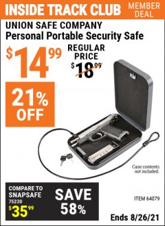 Harbor Freight ITC Coupon PERSONAL PORTABLE SECURITY SAFE Lot No. 64079 Expired: 8/26/21 - $14.99
