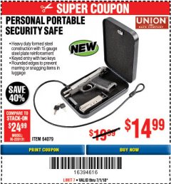 Harbor Freight Coupon PERSONAL PORTABLE SECURITY SAFE Lot No. 64079 Expired: 7/1/18 - $14.99
