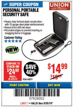 Harbor Freight Coupon PERSONAL PORTABLE SECURITY SAFE Lot No. 64079 Expired: 8/26/18 - $14.99