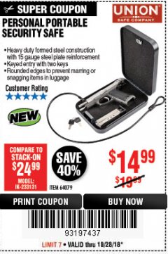 Harbor Freight Coupon PERSONAL PORTABLE SECURITY SAFE Lot No. 64079 Expired: 10/28/18 - $14.99