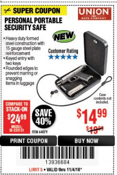 Harbor Freight Coupon PERSONAL PORTABLE SECURITY SAFE Lot No. 64079 Expired: 11/4/18 - $14.99
