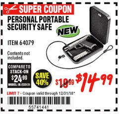 Harbor Freight Coupon PERSONAL PORTABLE SECURITY SAFE Lot No. 64079 Expired: 12/31/18 - $14.99