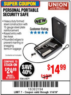 Harbor Freight Coupon PERSONAL PORTABLE SECURITY SAFE Lot No. 64079 Expired: 1/14/19 - $14.99