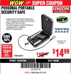 Harbor Freight Coupon PERSONAL PORTABLE SECURITY SAFE Lot No. 64079 Expired: 3/17/19 - $14.99