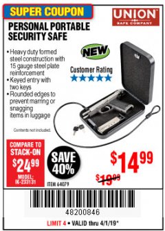 Harbor Freight Coupon PERSONAL PORTABLE SECURITY SAFE Lot No. 64079 Expired: 4/1/19 - $14.99