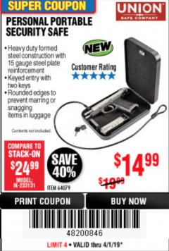 Harbor Freight Coupon PERSONAL PORTABLE SECURITY SAFE Lot No. 64079 Expired: 4/1/19 - $14.99