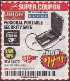 Harbor Freight Coupon PERSONAL PORTABLE SECURITY SAFE Lot No. 64079 Expired: 7/31/19 - $14.99
