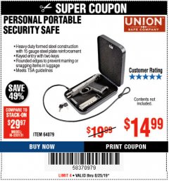 Harbor Freight Coupon PERSONAL PORTABLE SECURITY SAFE Lot No. 64079 Expired: 8/25/19 - $14.99