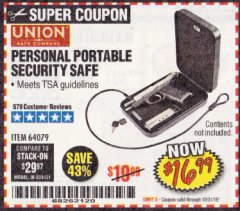 Harbor Freight Coupon PERSONAL PORTABLE SECURITY SAFE Lot No. 64079 Expired: 10/31/19 - $16.99