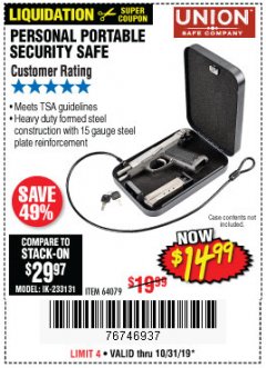 Harbor Freight Coupon PERSONAL PORTABLE SECURITY SAFE Lot No. 64079 Expired: 10/31/19 - $14.99