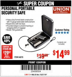 Harbor Freight Coupon PERSONAL PORTABLE SECURITY SAFE Lot No. 64079 Expired: 10/27/19 - $14.99