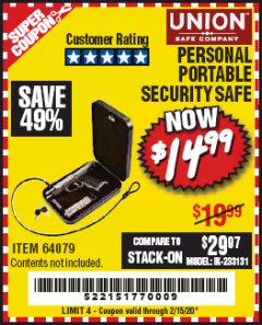 Harbor Freight Coupon PERSONAL PORTABLE SECURITY SAFE Lot No. 64079 Expired: 2/15/20 - $14.99