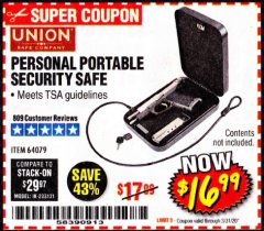 Harbor Freight Coupon PERSONAL PORTABLE SECURITY SAFE Lot No. 64079 Expired: 3/31/20 - $16.99