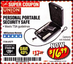 Harbor Freight Coupon PERSONAL PORTABLE SECURITY SAFE Lot No. 64079 Expired: 3/31/20 - $16.99