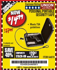 Harbor Freight Coupon PERSONAL PORTABLE SECURITY SAFE Lot No. 64079 Expired: 6/30/20 - $14.99