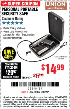Harbor Freight Coupon PERSONAL PORTABLE SECURITY SAFE Lot No. 64079 Expired: 6/30/20 - $14.99
