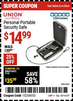 Harbor Freight Coupon PERSONAL PORTABLE SECURITY SAFE Lot No. 64079 Expired: 10/13/22 - $14.99