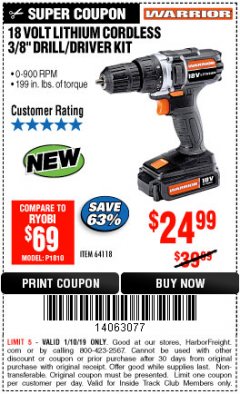 Harbor Freight ITC Coupon WARRIOR 18V CORDLESS, 3/8 IN. DRILL KIT WITH BATTERY AND CHARGER Lot No. 58389/64118/56122 Expired: 1/10/19 - $24.99