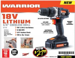 Harbor Freight Coupon WARRIOR 18V CORDLESS, 3/8 IN. DRILL KIT WITH BATTERY AND CHARGER Lot No. 58389/64118/56122 Expired: 7/1/18 - $27.99