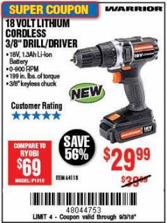 Harbor Freight Coupon WARRIOR 18V CORDLESS, 3/8 IN. DRILL KIT WITH BATTERY AND CHARGER Lot No. 58389/64118/56122 Expired: 9/3/18 - $29.99