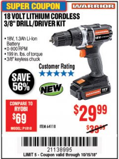 Harbor Freight Coupon WARRIOR 18V CORDLESS, 3/8 IN. DRILL KIT WITH BATTERY AND CHARGER Lot No. 58389/64118/56122 Expired: 10/15/18 - $29.99