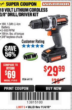 Harbor Freight Coupon WARRIOR 18V CORDLESS, 3/8 IN. DRILL KIT WITH BATTERY AND CHARGER Lot No. 58389/64118/56122 Expired: 11/4/18 - $29.99